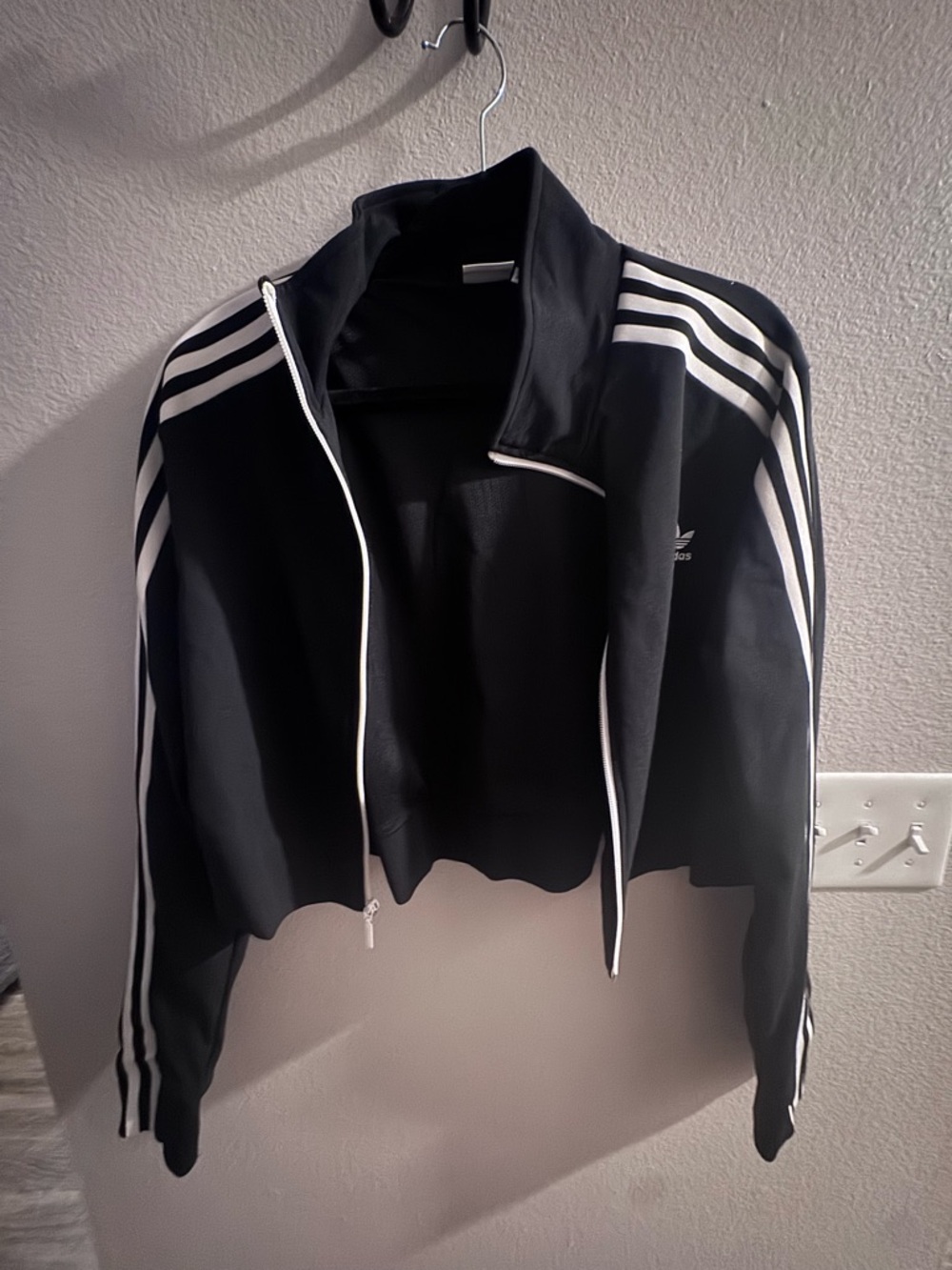 adidas Black Cropped Varsity Jacket with White Stripes
